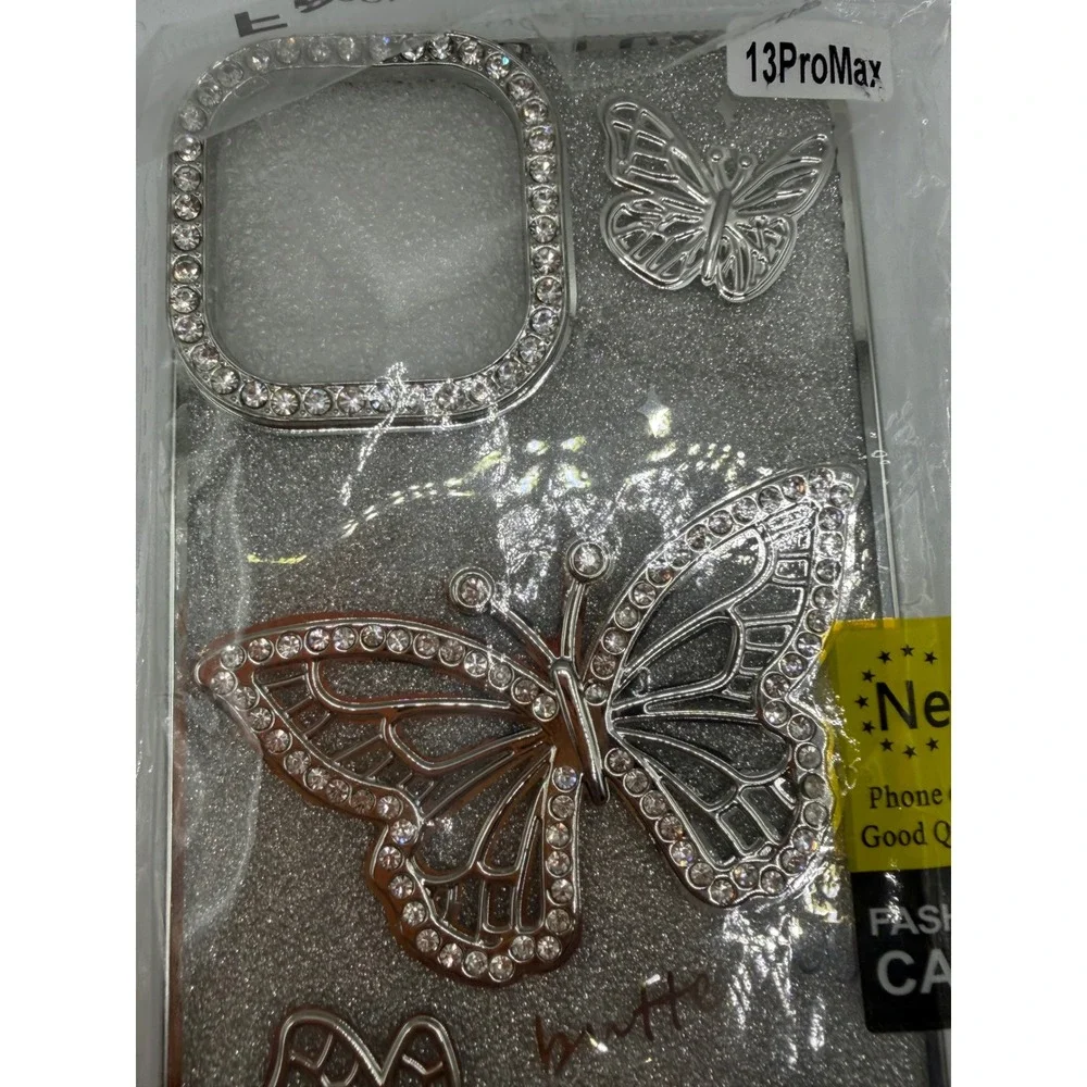 Silver Glitter Butterfly Rhinestone Case for iPhone 13 Pro Max Y2K Bling Cover